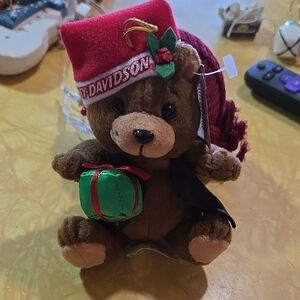 #9 1999 Vintage Harley-Davidson Festive Bear Ornament with Red Hat and Green